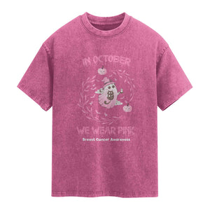 Breast Cancer Halloween Washed Cotton T-Shirt In October Ghost Wear Pink Black Cat