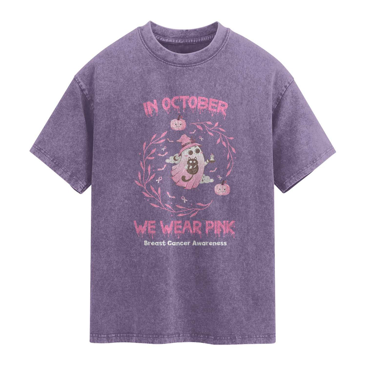 Breast Cancer Halloween Washed Cotton T-Shirt In October Ghost Wear Pink Black Cat