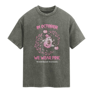 Breast Cancer Halloween Washed Cotton T-Shirt In October Ghost Wear Pink Black Cat