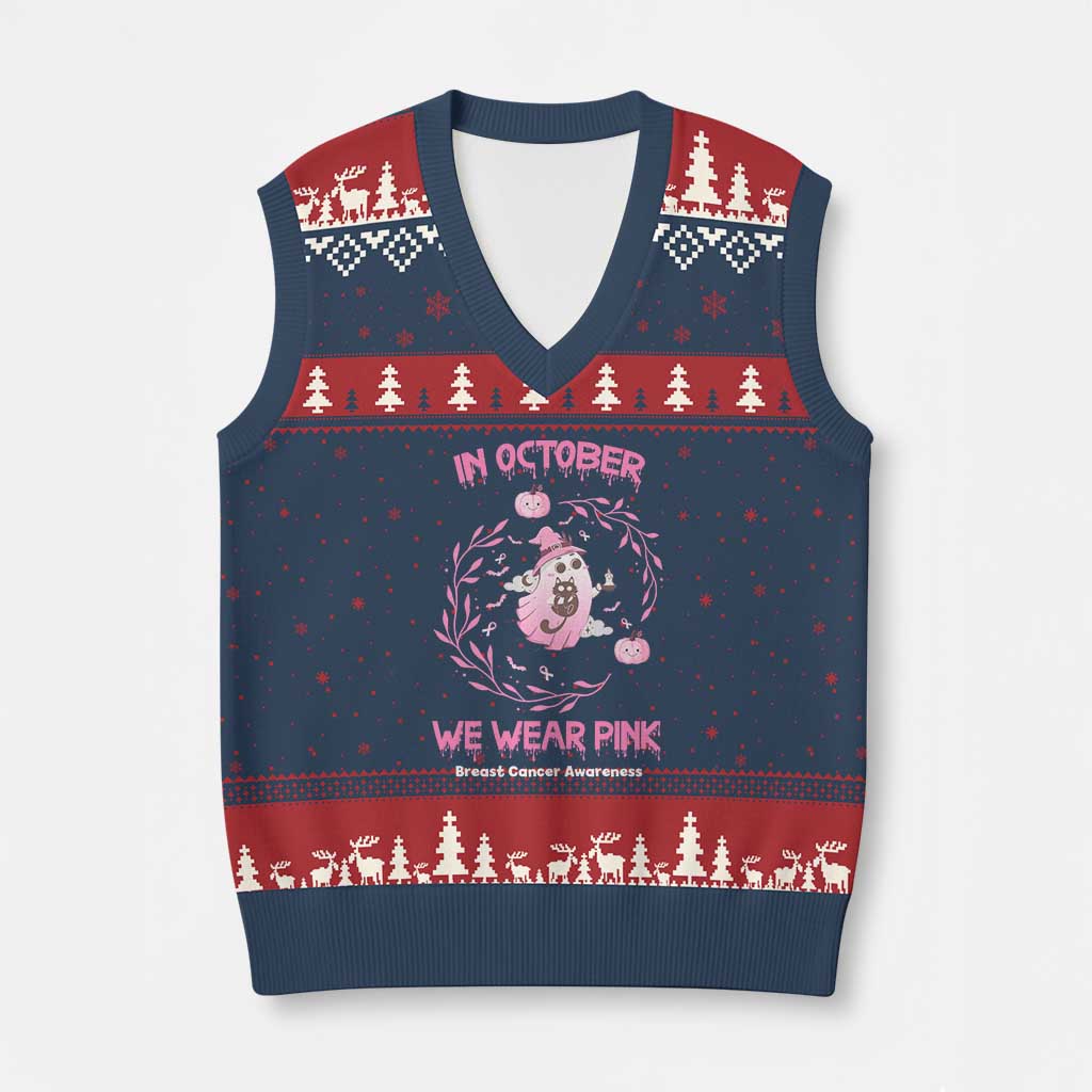 Breast Cancer Halloween V-Neck Knit Sweater Vest In October Ghost Wear Pink Black Cat - Print Your Wear