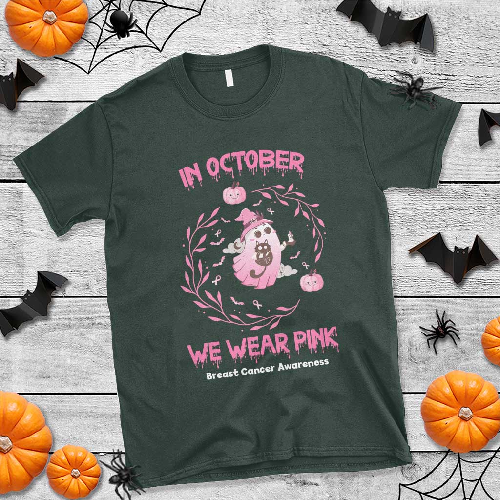 Breast Cancer Halloween T Shirt In October Ghost Wear Pink Black Cat TS10 Dark Forest Green Print Your Wear