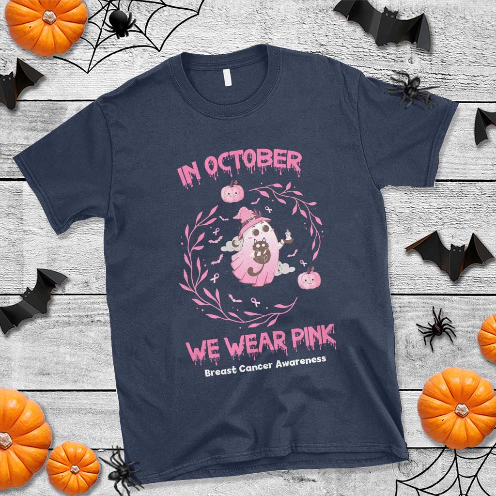Breast Cancer Halloween T Shirt In October Ghost Wear Pink Black Cat TS10 Navy Print Your Wear