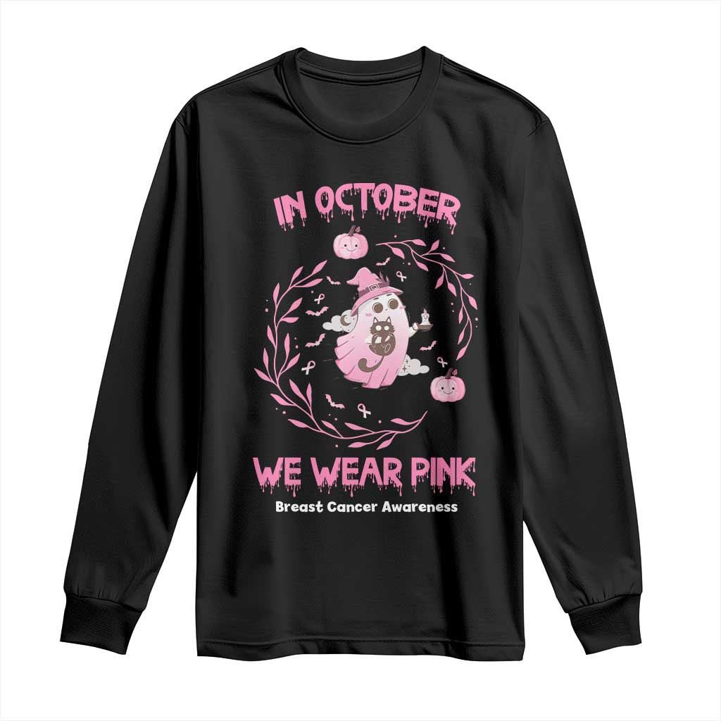 Breast Cancer Halloween Long Sleeve Shirt In October Ghost Wear Pink Black Cat - Print Your Wear