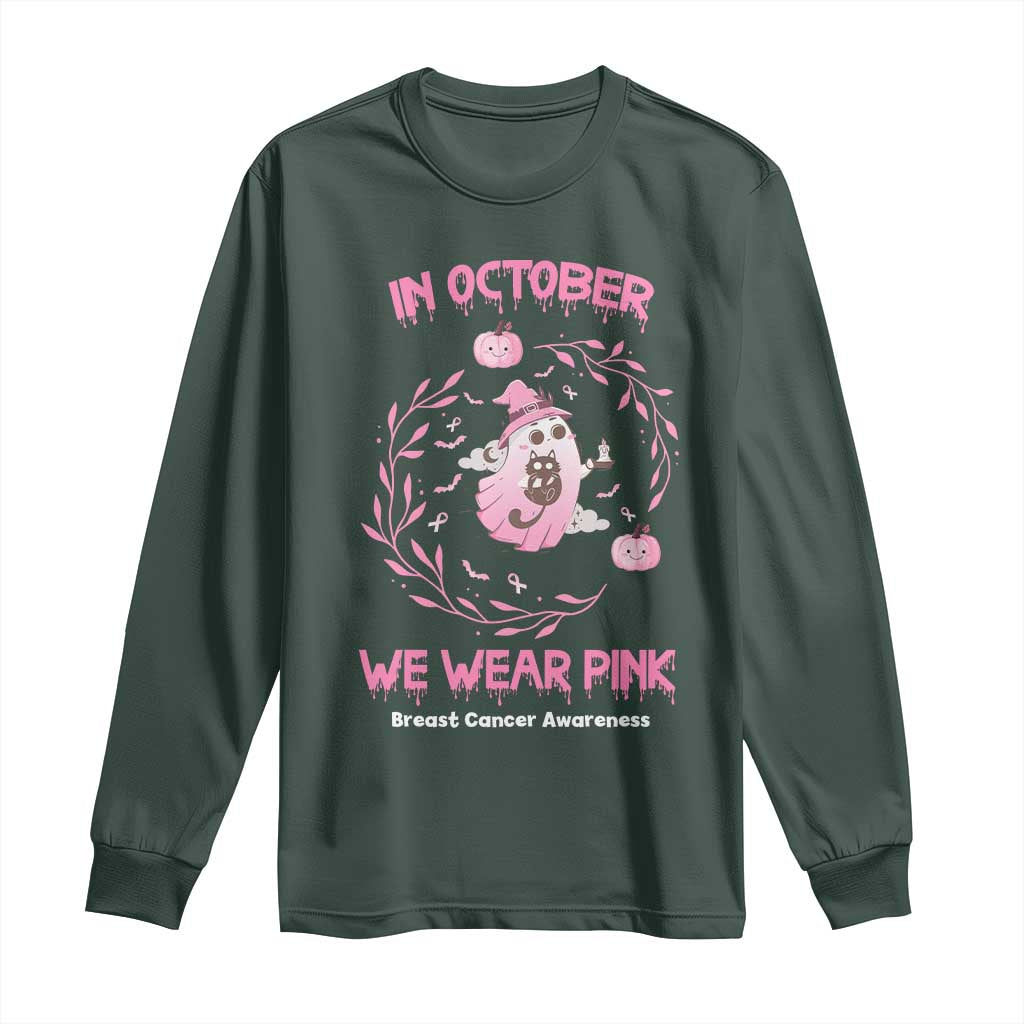 Breast Cancer Halloween Long Sleeve Shirt In October Ghost Wear Pink Black Cat TS10 Dark Forest Green Print Your Wear