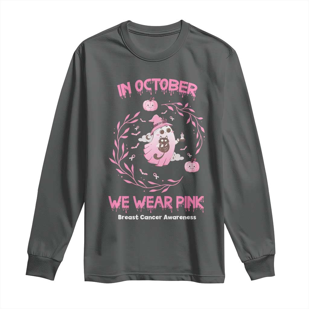 Breast Cancer Halloween Long Sleeve Shirt In October Ghost Wear Pink Black Cat TS10 Dark Heather Print Your Wear