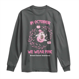 Breast Cancer Halloween Long Sleeve Shirt In October Ghost Wear Pink Black Cat TS10 Dark Heather Print Your Wear