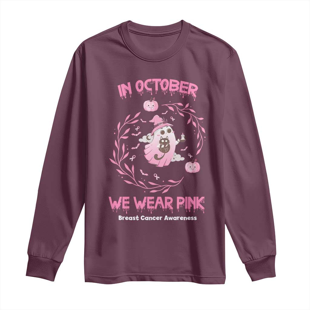 Breast Cancer Halloween Long Sleeve Shirt In October Ghost Wear Pink Black Cat TS10 Maroon Print Your Wear