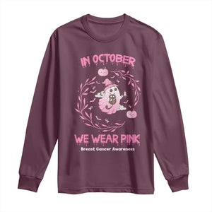 Breast Cancer Halloween Long Sleeve Shirt In October Ghost Wear Pink Black Cat - Print Your Wear