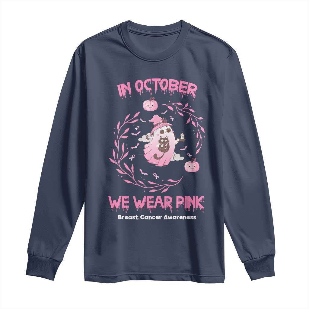 Breast Cancer Halloween Long Sleeve Shirt In October Ghost Wear Pink Black Cat TS10 Navy Print Your Wear