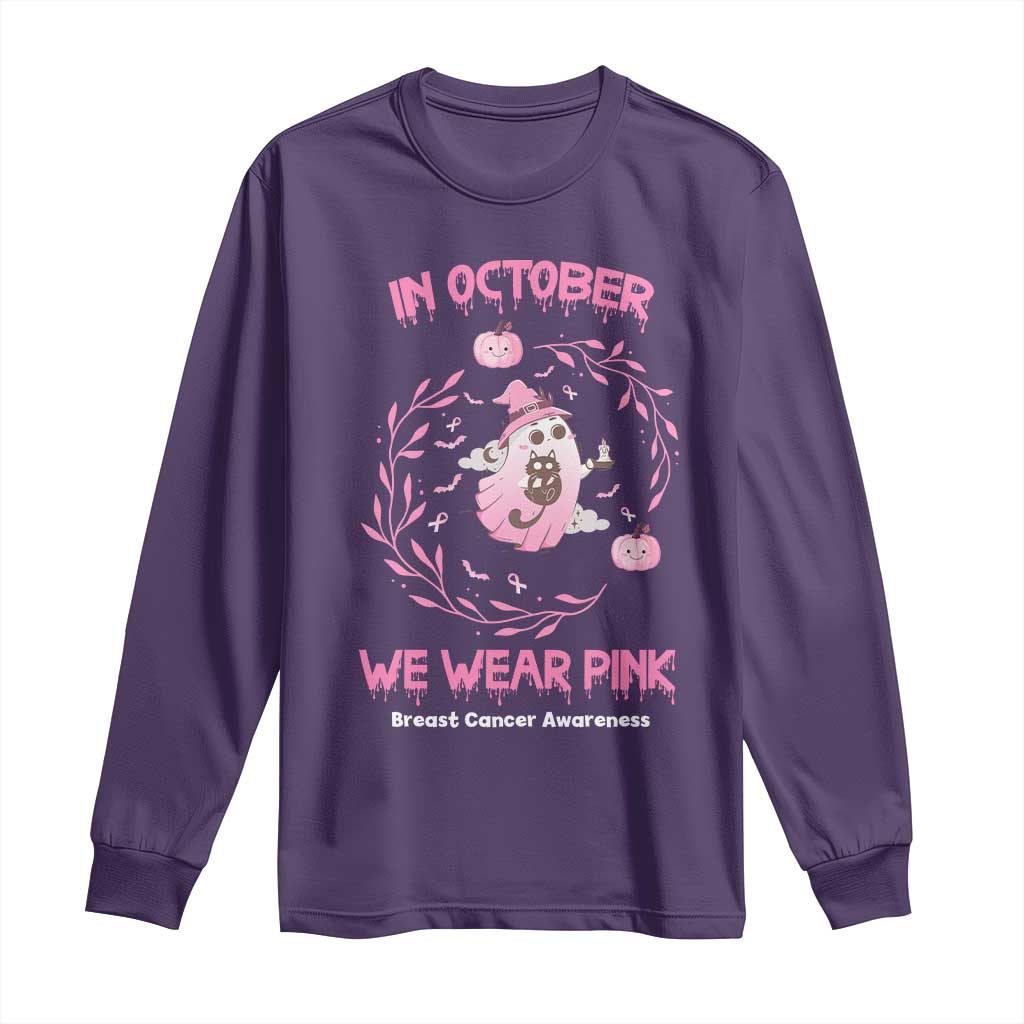 Breast Cancer Halloween Long Sleeve Shirt In October Ghost Wear Pink Black Cat TS10 Purple Print Your Wear