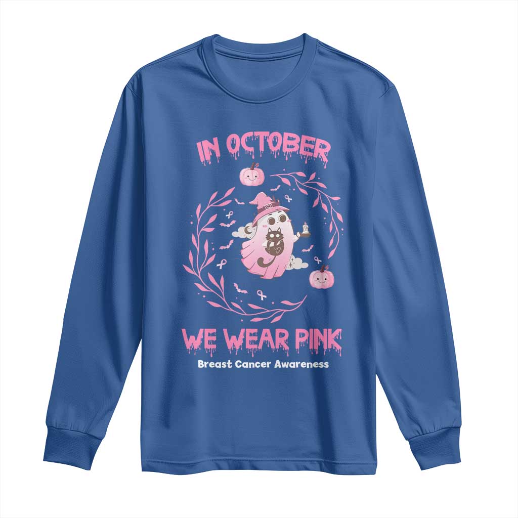 Breast Cancer Halloween Long Sleeve Shirt In October Ghost Wear Pink Black Cat TS10 Royal Blue Print Your Wear