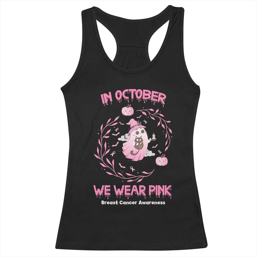 Breast Cancer Halloween Racerback Tank Top In October Ghost Wear Pink Black Cat - Print Your Wear