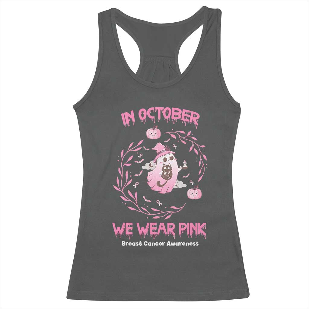 Breast Cancer Halloween Racerback Tank Top In October Ghost Wear Pink Black Cat TS10 Dark Heather Print Your Wear