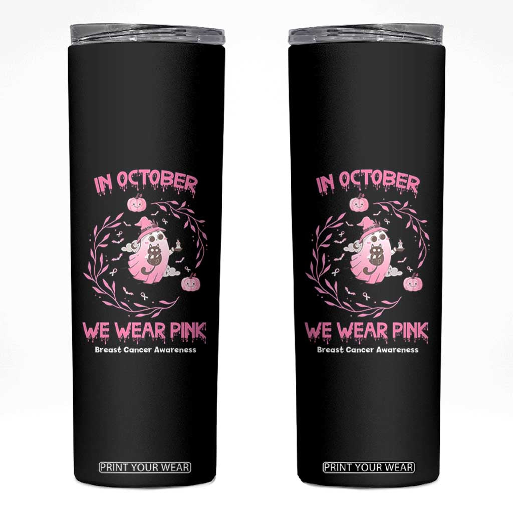 Breast Cancer Halloween Skinny Tumbler In October Ghost Wear Pink Black Cat TS10 Black Print Your Wear