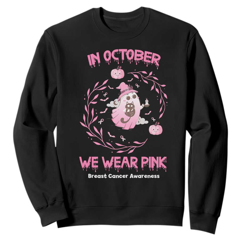 Breast Cancer Halloween Sweatshirt In October Ghost Wear Pink Black Cat - Print Your Wear