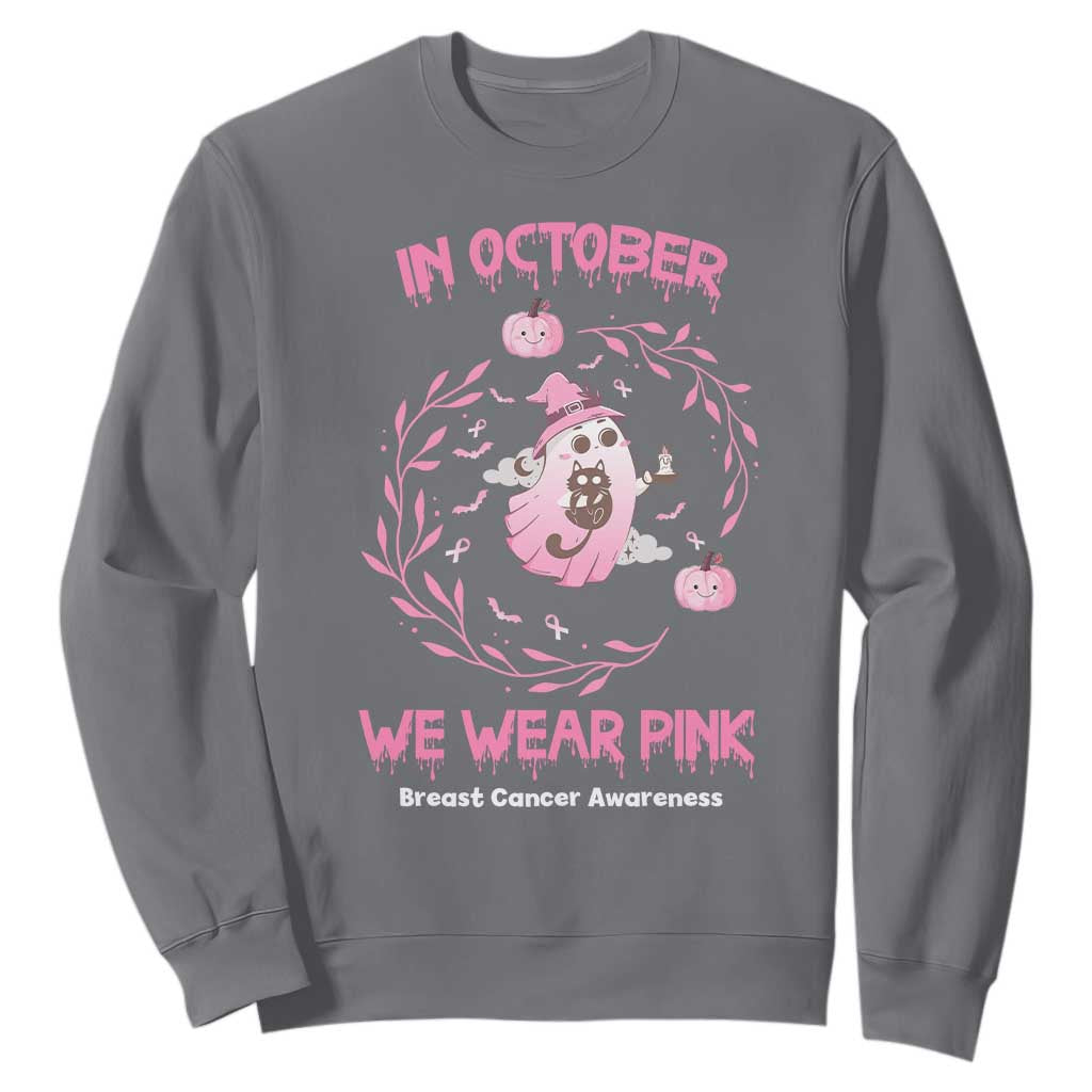 Breast Cancer Halloween Sweatshirt In October Ghost Wear Pink Black Cat TS10 Charcoal Print Your Wear
