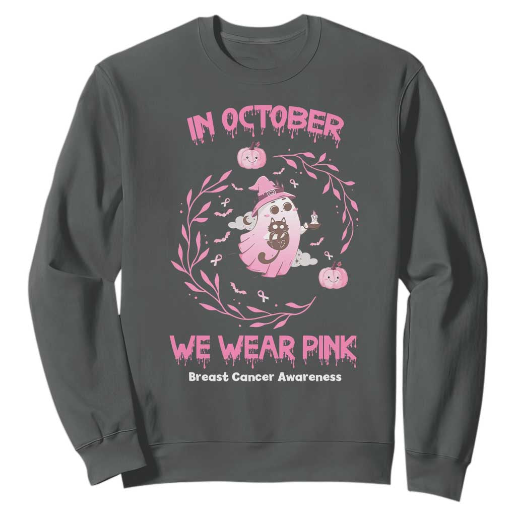 Breast Cancer Halloween Sweatshirt In October Ghost Wear Pink Black Cat TS10 Dark Heather Print Your Wear