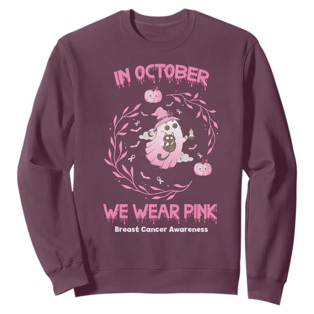 Breast Cancer Halloween Sweatshirt In October Ghost Wear Pink Black Cat TS10 Maroon Print Your Wear