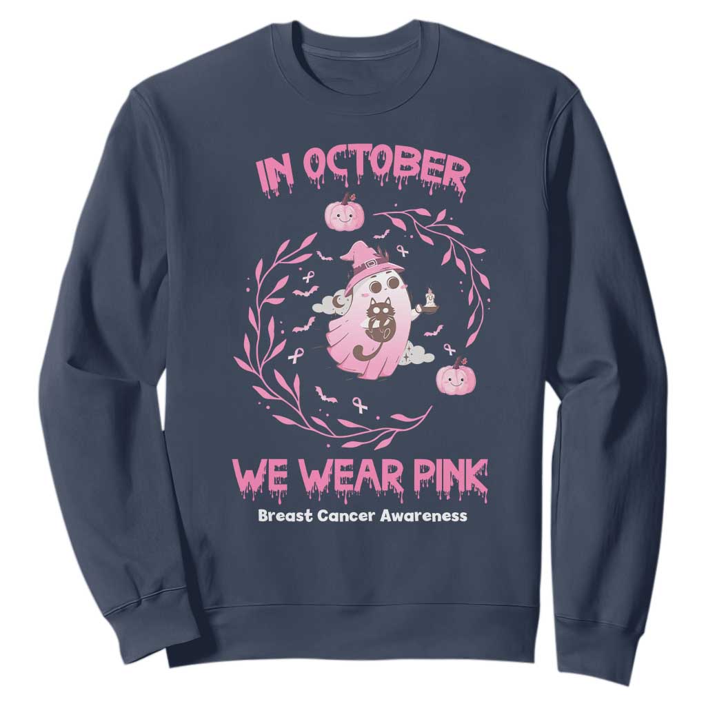 Breast Cancer Halloween Sweatshirt In October Ghost Wear Pink Black Cat TS10 Navy Print Your Wear