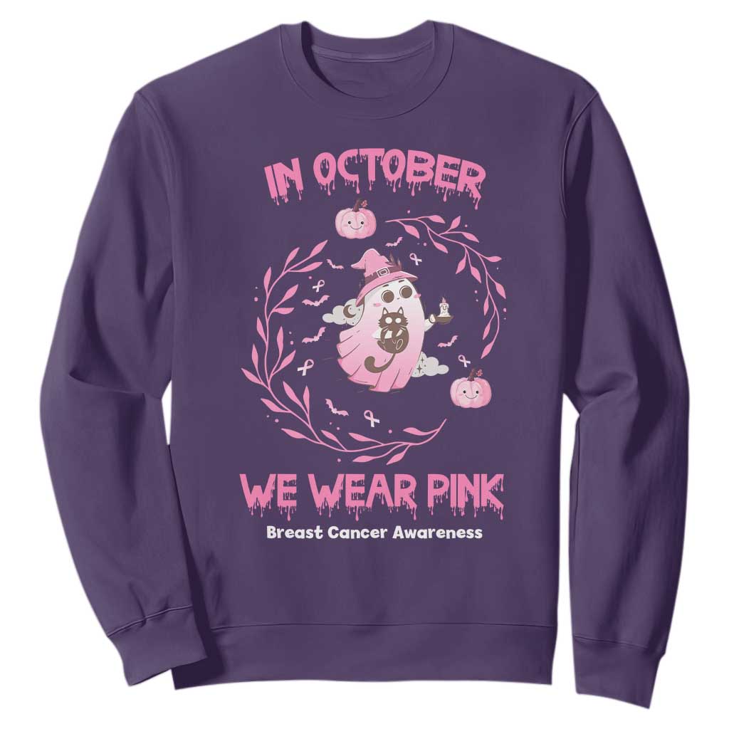 Breast Cancer Halloween Sweatshirt In October Ghost Wear Pink Black Cat TS10 Purple Print Your Wear