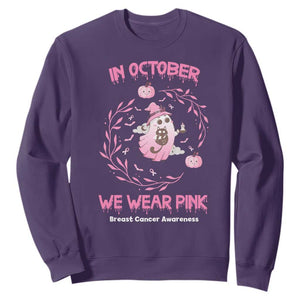 Breast Cancer Halloween Sweatshirt In October Ghost Wear Pink Black Cat - Print Your Wear