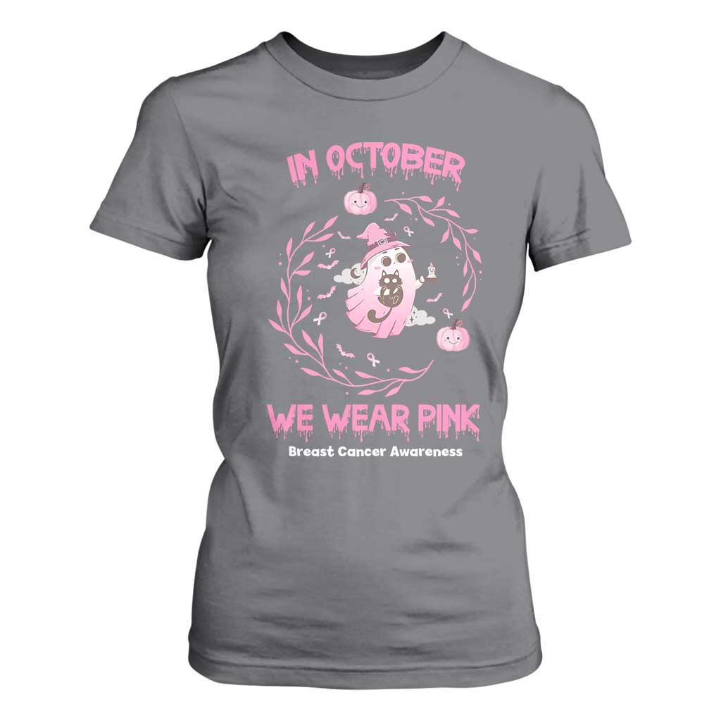 Breast Cancer Halloween T Shirt For Women In October Ghost Wear Pink Black Cat TS10 Charcoal Print Your Wear