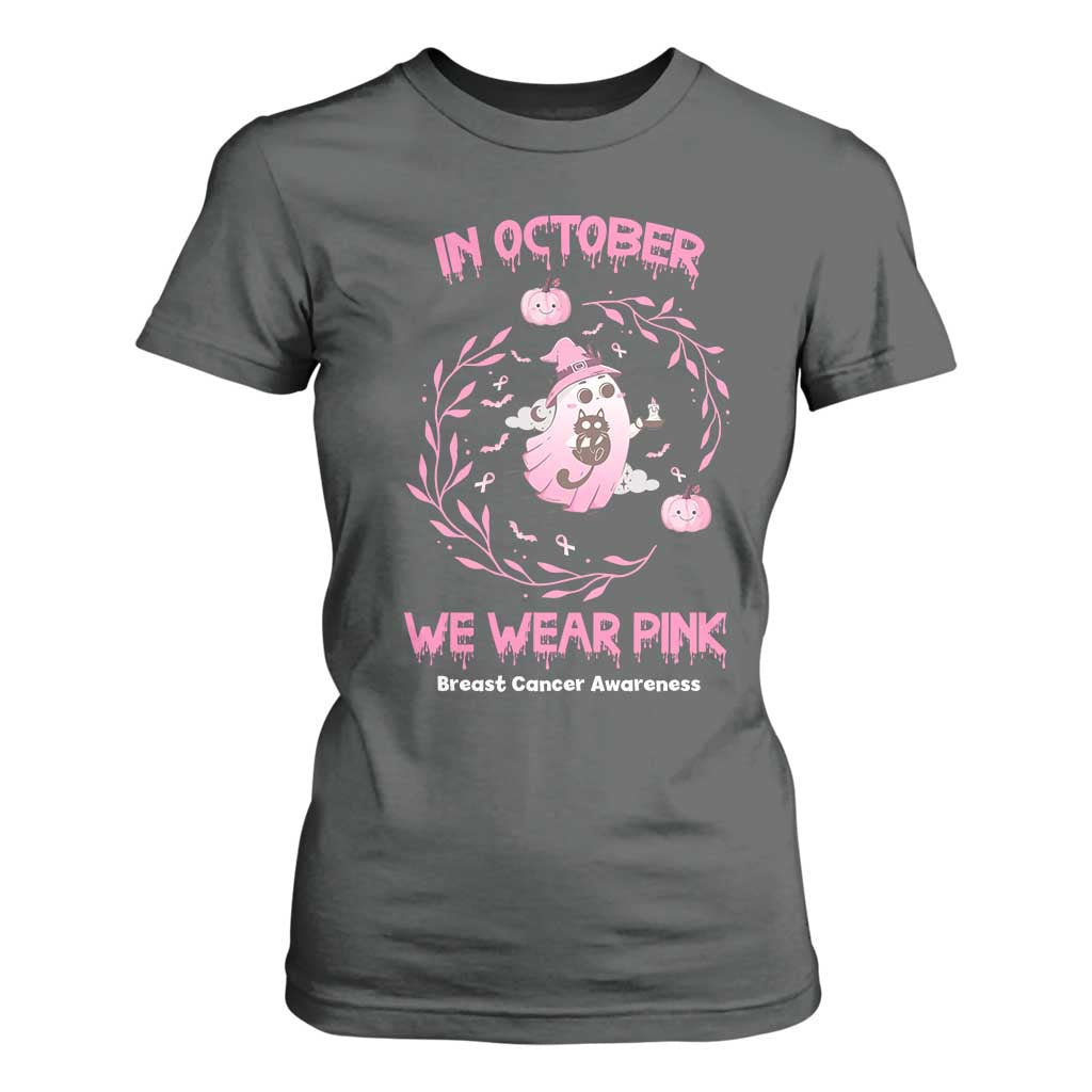 Breast Cancer Halloween T Shirt For Women In October Ghost Wear Pink Black Cat TS10 Dark Heather Print Your Wear