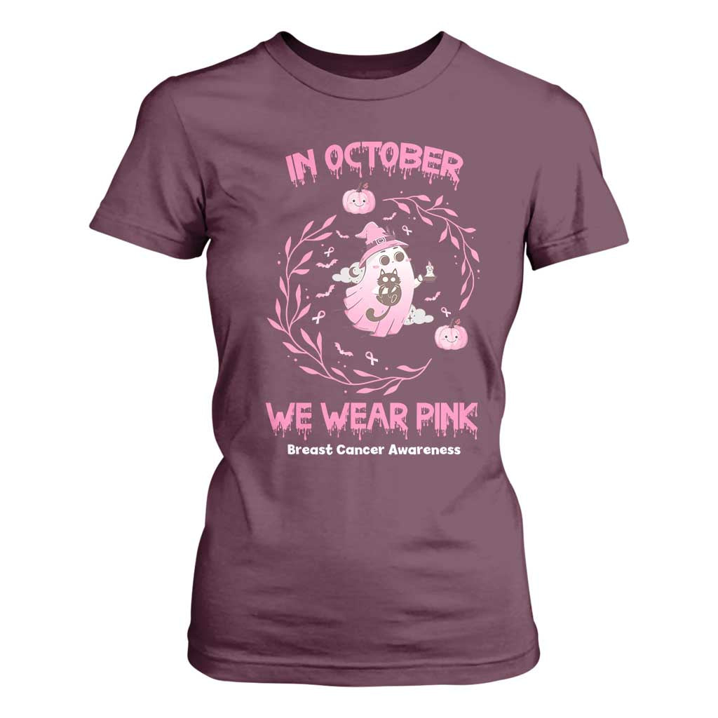 Breast Cancer Halloween T Shirt For Women In October Ghost Wear Pink Black Cat TS10 Maroon Print Your Wear