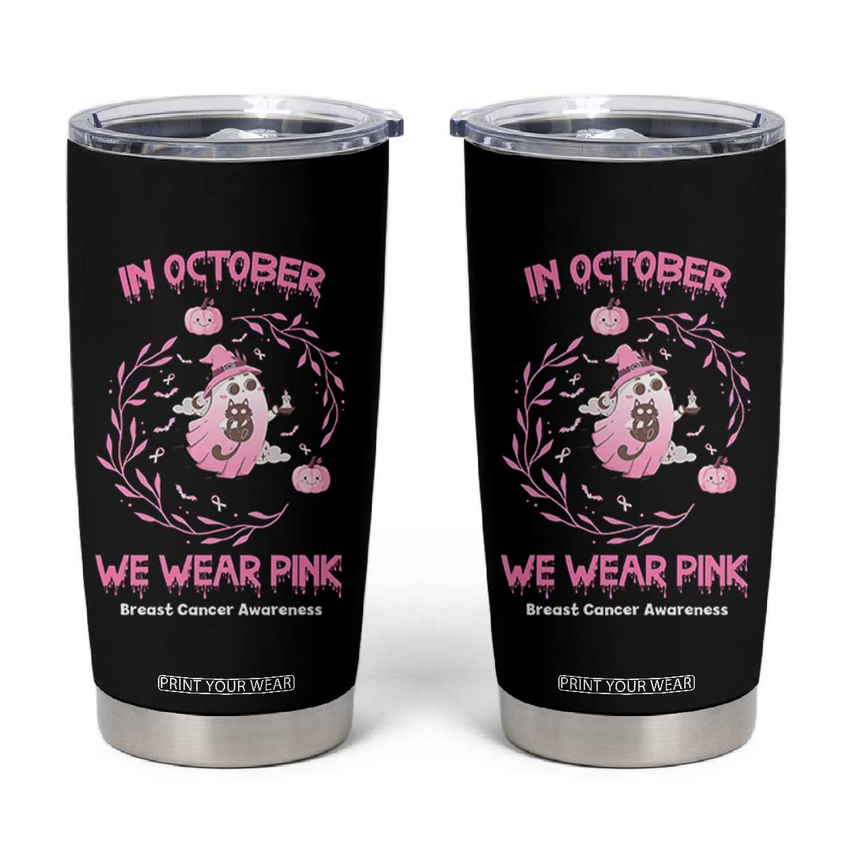 Breast Cancer Halloween Tumbler Cup In October Ghost Wear Pink Black Cat - Print Your Wear