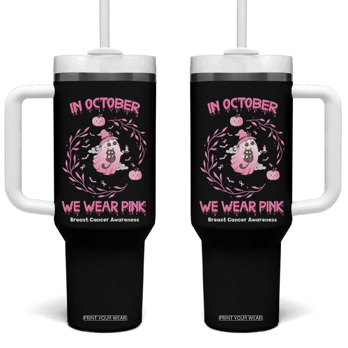 Breast Cancer Halloween Tumbler With Handle In October Ghost Wear Pink Black Cat TS10 One Size: 40 oz Black Print Your Wear
