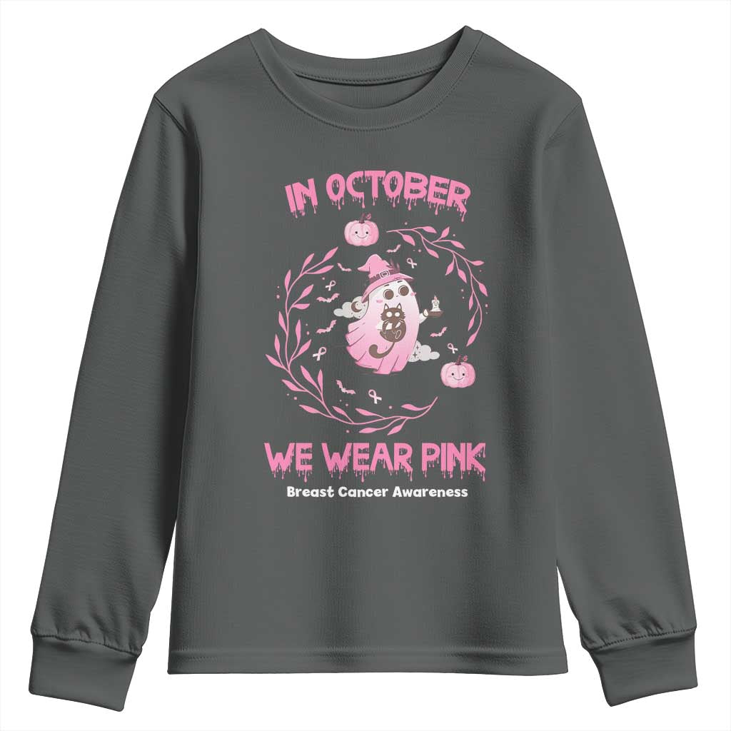 Breast Cancer Halloween Youth Sweatshirt In October Ghost Wear Pink Black Cat TS10 Dark Heather Print Your Wear