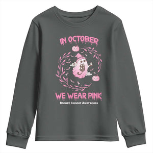 Breast Cancer Halloween Youth Sweatshirt In October Ghost Wear Pink Black Cat TS10 Dark Heather Print Your Wear