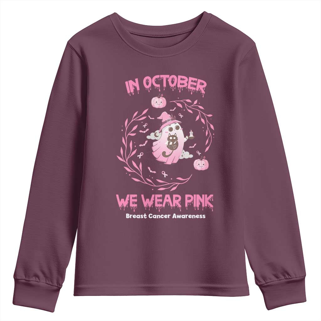 Breast Cancer Halloween Youth Sweatshirt In October Ghost Wear Pink Black Cat TS10 Maroon Print Your Wear