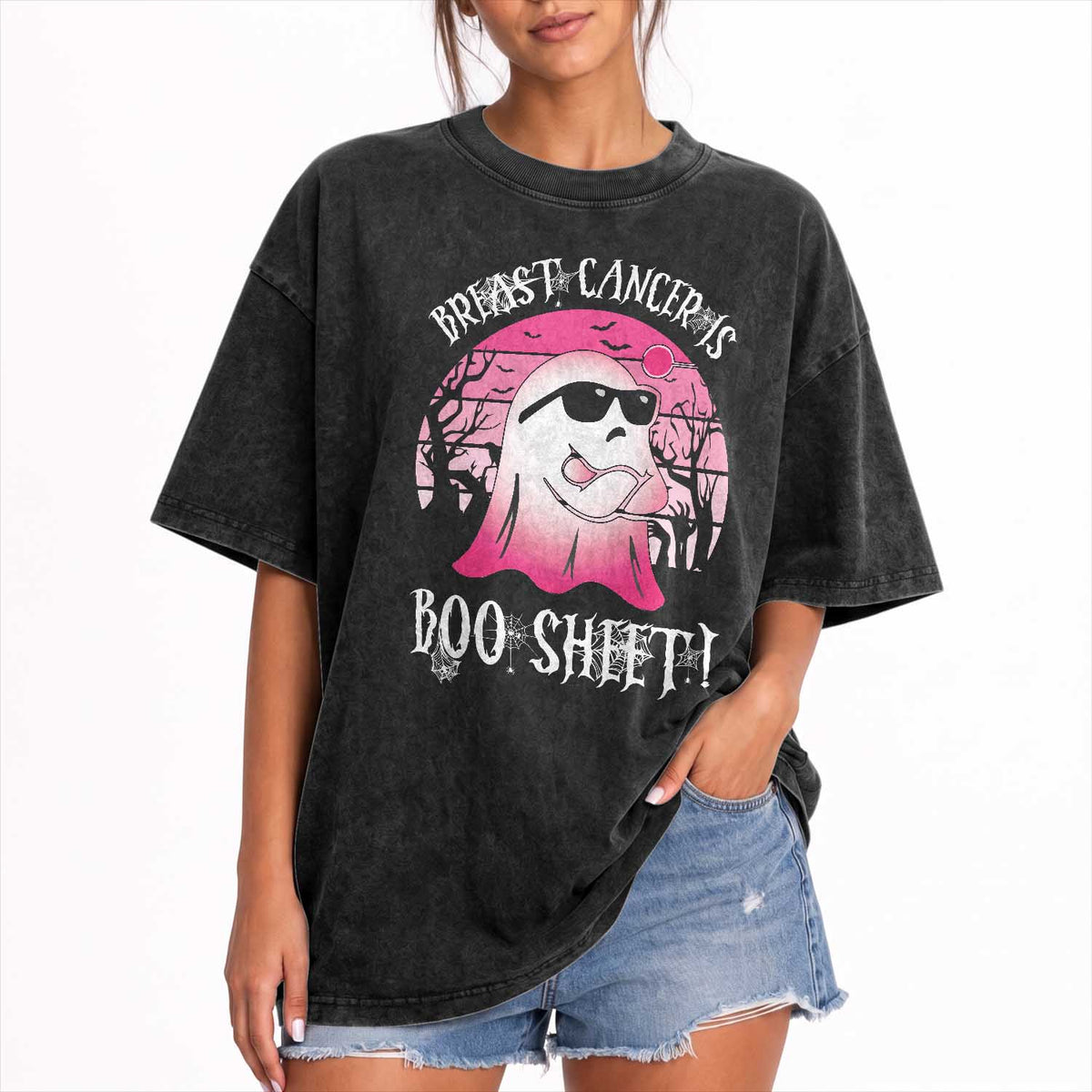 Breast Cancer Is Boo Sheet Washed Cotton T-Shirt In October Ghost Wear Pink