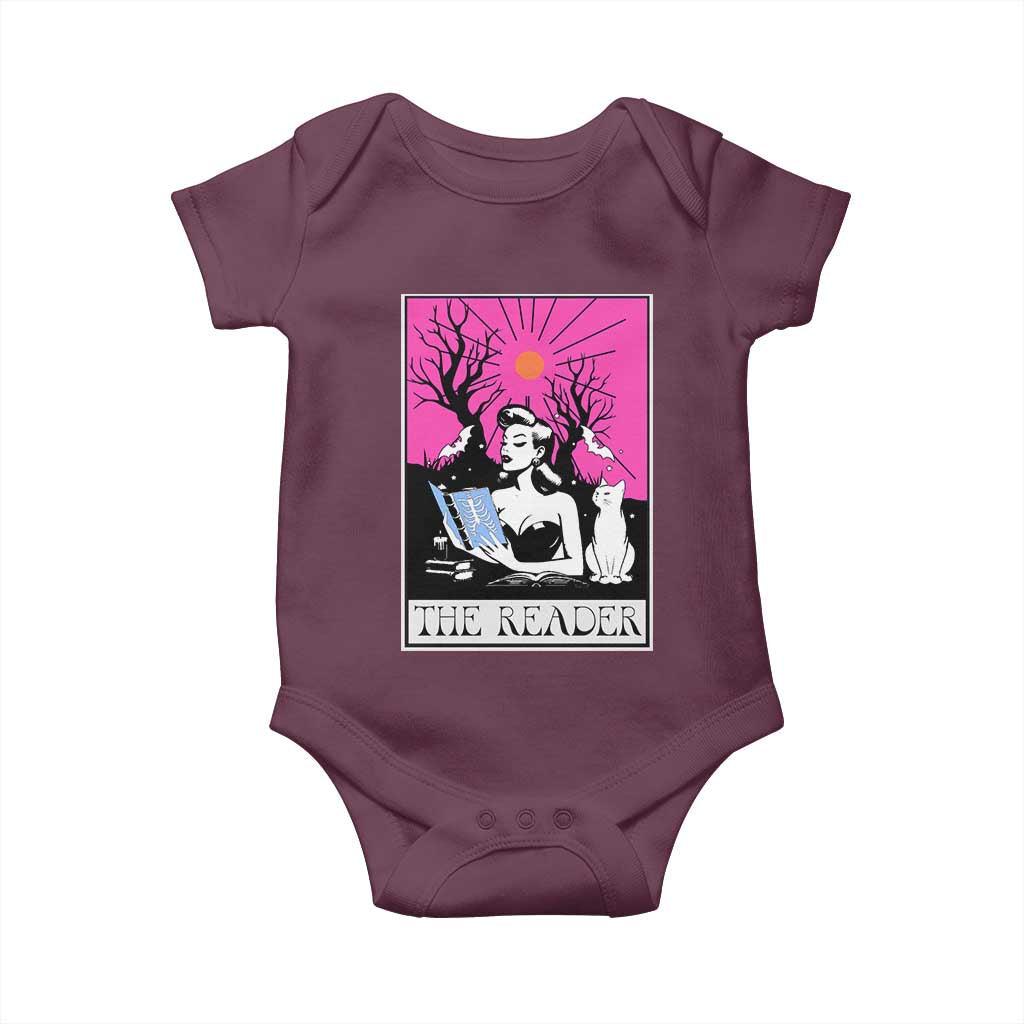 The Reader Tarot Baby Onesie Witch Reading Book Club Occult Cat Mom TS10 Maroon Print Your Wear