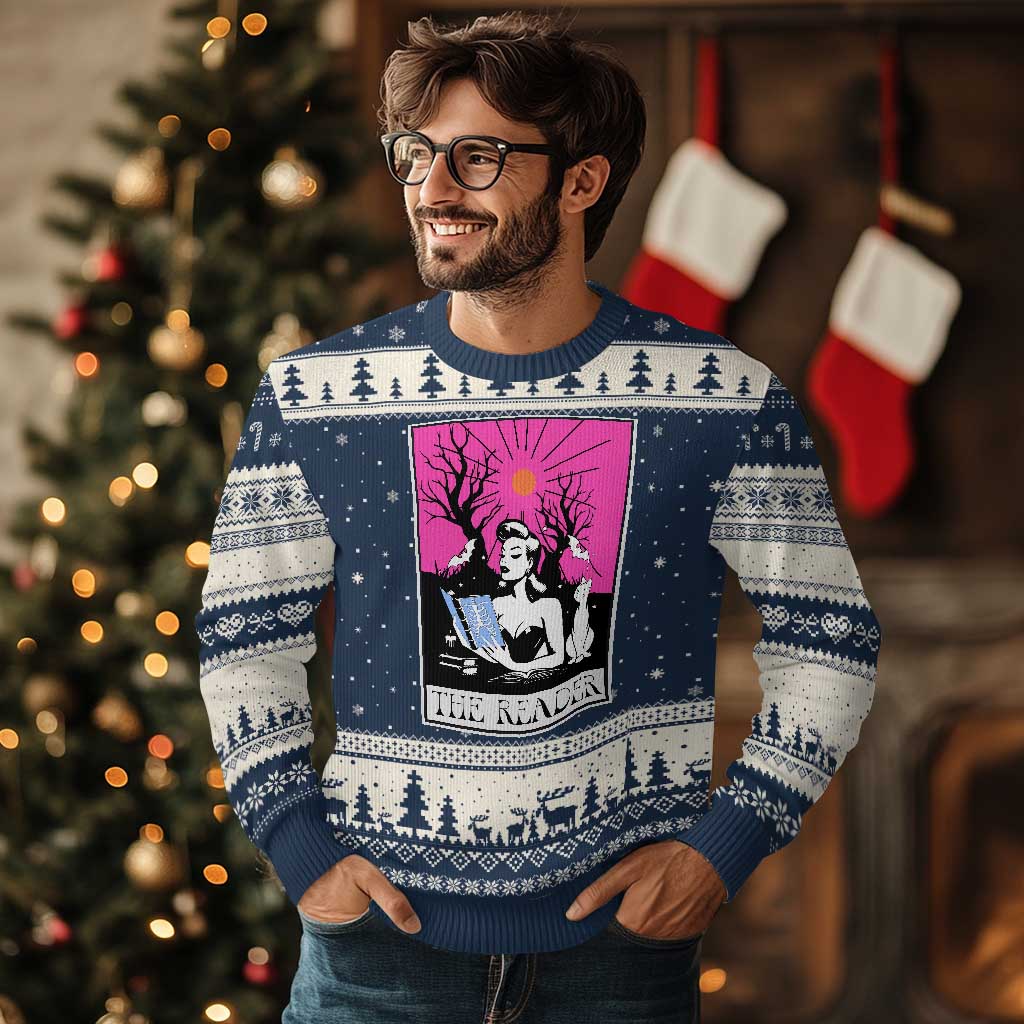 The Reader Tarot Ugly Christmas Sweater Witch Reading Book Club Occult Cat Mom TS10 Navy Beige Print Your Wear