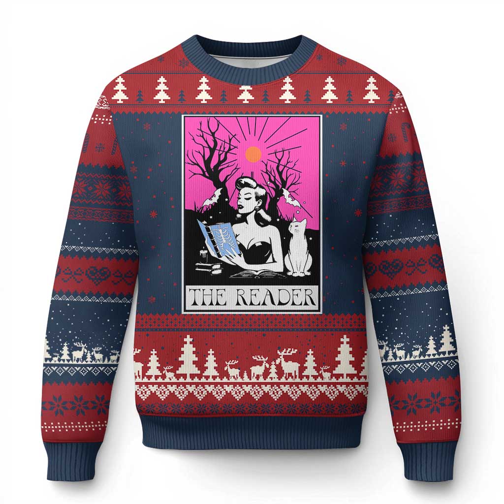 The Reader Tarot Ugly Christmas Sweater Witch Reading Book Club Occult Cat Mom TS10 Navy Red Print Your Wear