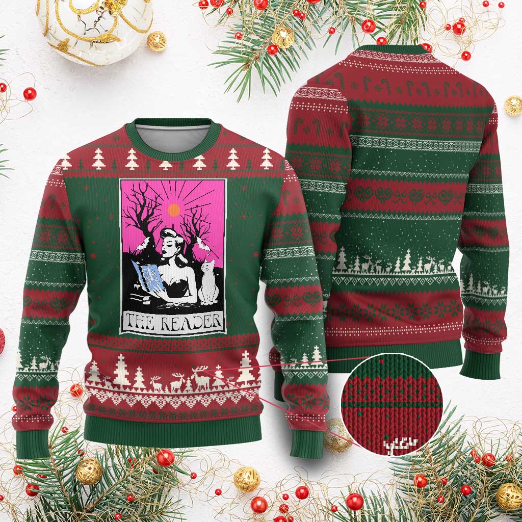The Reader Tarot Ugly Christmas Sweater Witch Reading Book Club Occult Cat Mom TS10 Red Green Print Your Wear