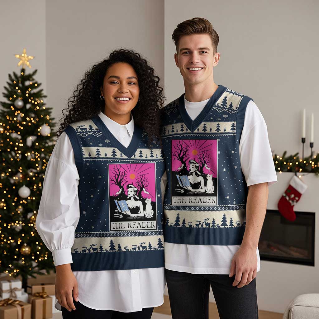 The Reader Tarot V-Neck Knit Sweater Vest Witch Reading Book Club Occult Cat Mom TS10 Navy Beige Print Your Wear