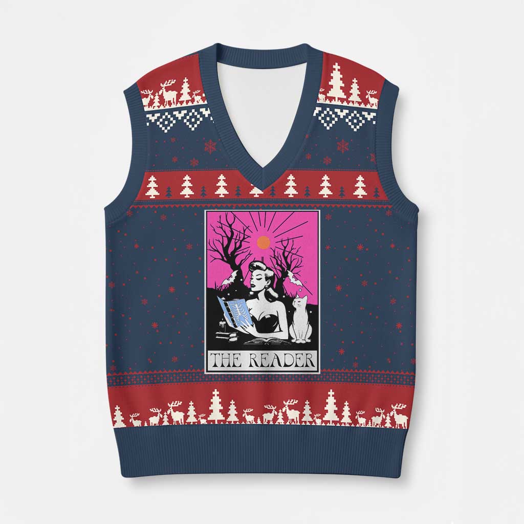 The Reader Tarot V-Neck Knit Sweater Vest Witch Reading Book Club Occult Cat Mom TS10 Navy Red Print Your Wear
