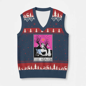 The Reader Tarot V-Neck Knit Sweater Vest Witch Reading Book Club Occult Cat Mom TS10 Navy Red Print Your Wear