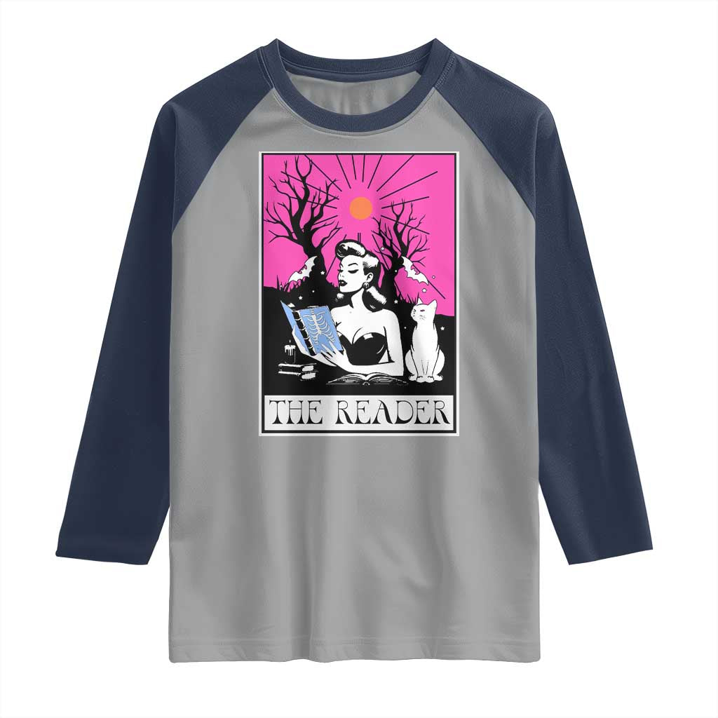 The Reader Tarot Raglan Shirt Witch Reading Book Club Occult Cat Mom TS10 Sport Gray Navy Print Your Wear