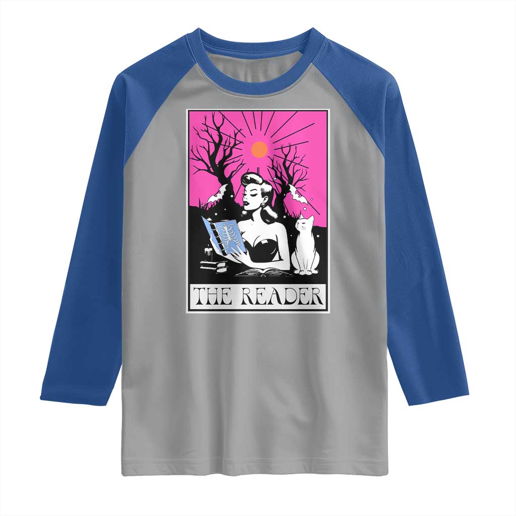 The Reader Tarot Raglan Shirt Witch Reading Book Club Occult Cat Mom TS10 Sport Gray Royal Print Your Wear