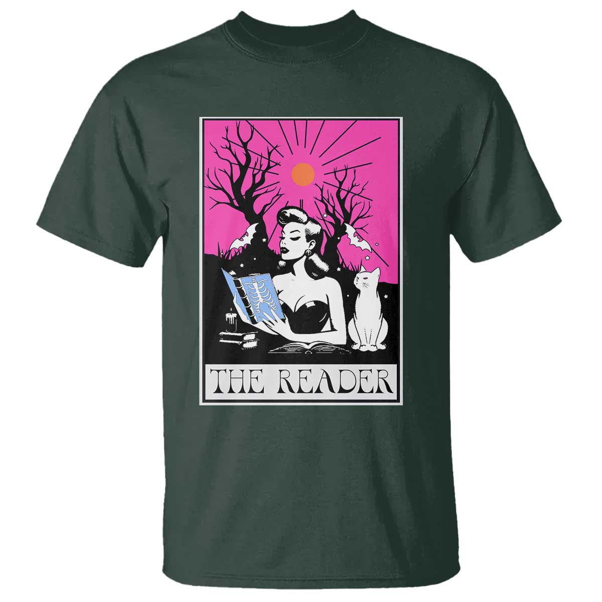 The Reader Tarot T Shirt Witch Reading Book Club Occult Cat Mom TS10 Dark Forest Green Print Your Wear