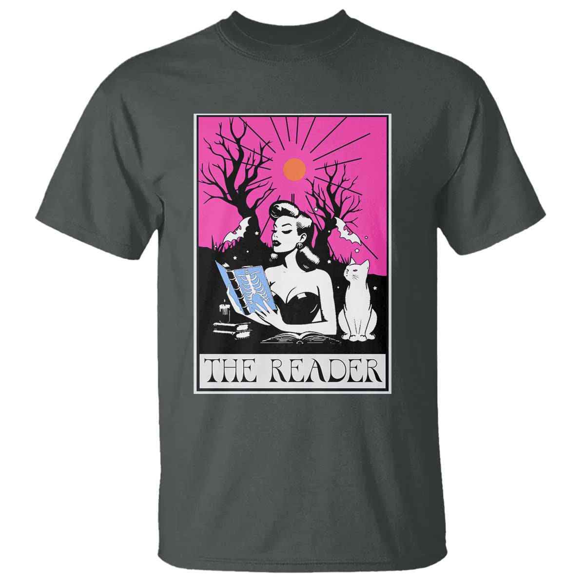 The Reader Tarot T Shirt Witch Reading Book Club Occult Cat Mom TS10 Dark Heather Print Your Wear