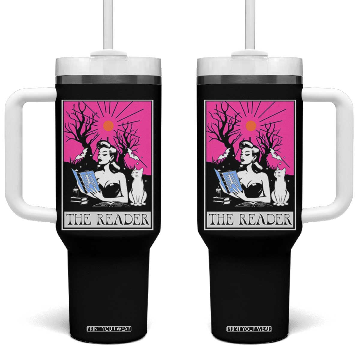 The Reader Tarot Tumbler With Handle Witch Reading Book Club Occult Cat Mom TS10 One Size: 40 oz Black Print Your Wear