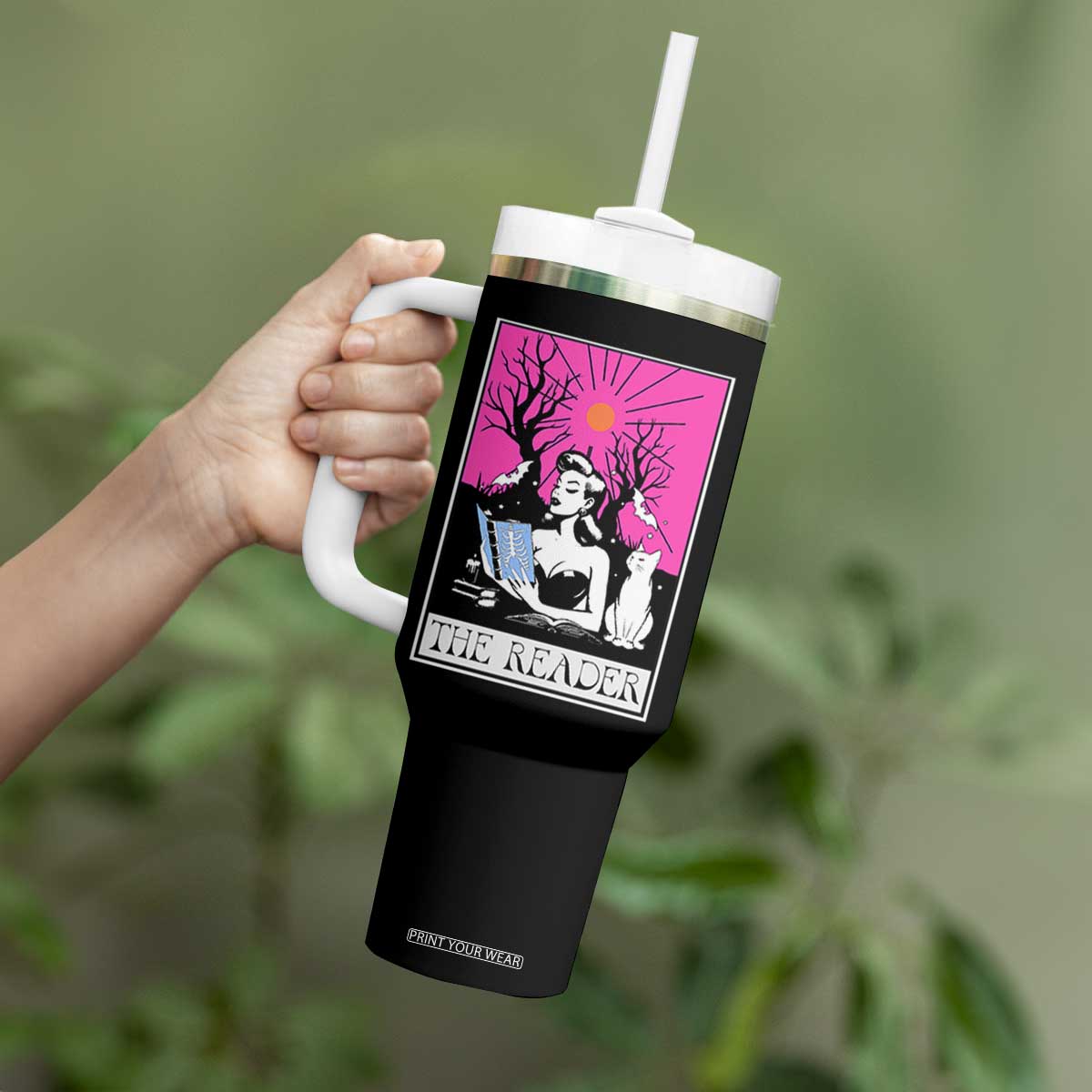 The Reader Tarot Tumbler With Handle Witch Reading Book Club Occult Cat Mom TS10 Print Your Wear