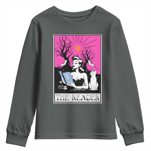 The Reader Tarot Youth Sweatshirt Witch Reading Book Club Occult Cat Mom TS10 Dark Heather Print Your Wear
