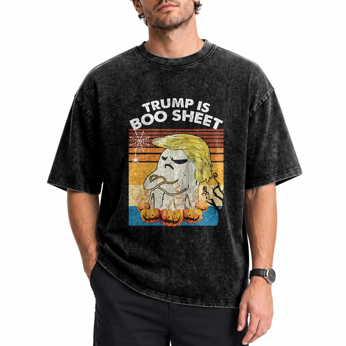Funny Trump Is Boo Sheet Washed Cotton T-Shirt Ghost Retro Halloween Ghost Custome