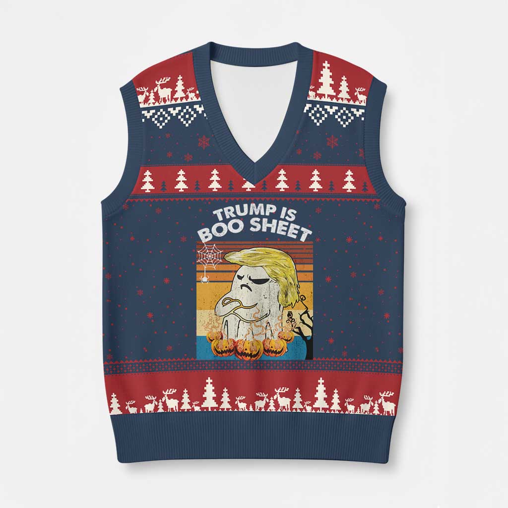Funny Trump Is Boo Sheet V-Neck Knit Sweater Vest Ghost Retro Halloween Ghost Custome - Print Your Wear